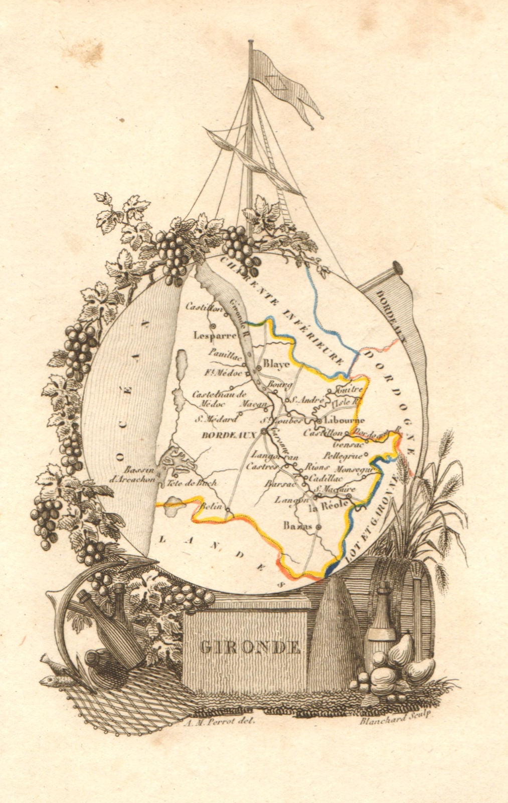 GIRONDE département. Scarce antique map/carte by A.M. PERROT 1823 old